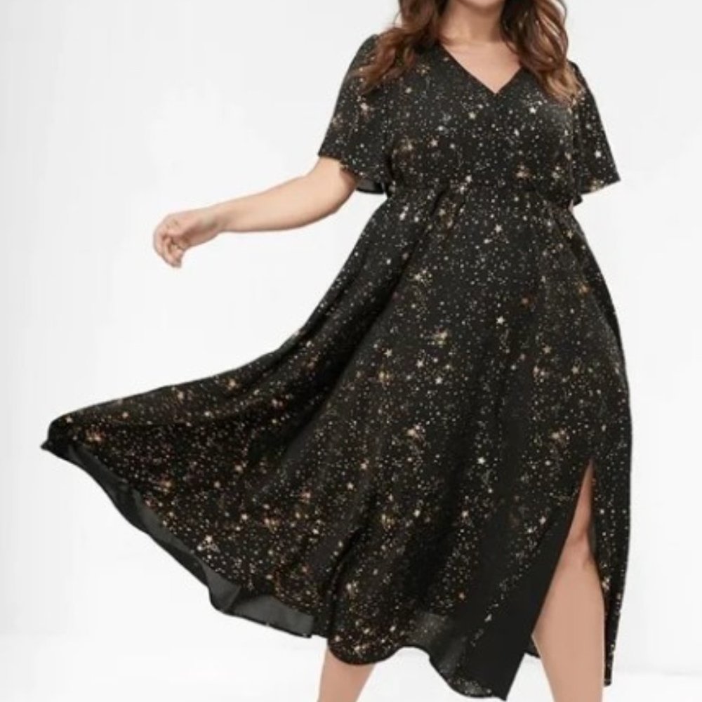 NWT!Black & Gold Star Button Pocket Wrap Split Ruffles Maxi Dress Size 14-16 -1X